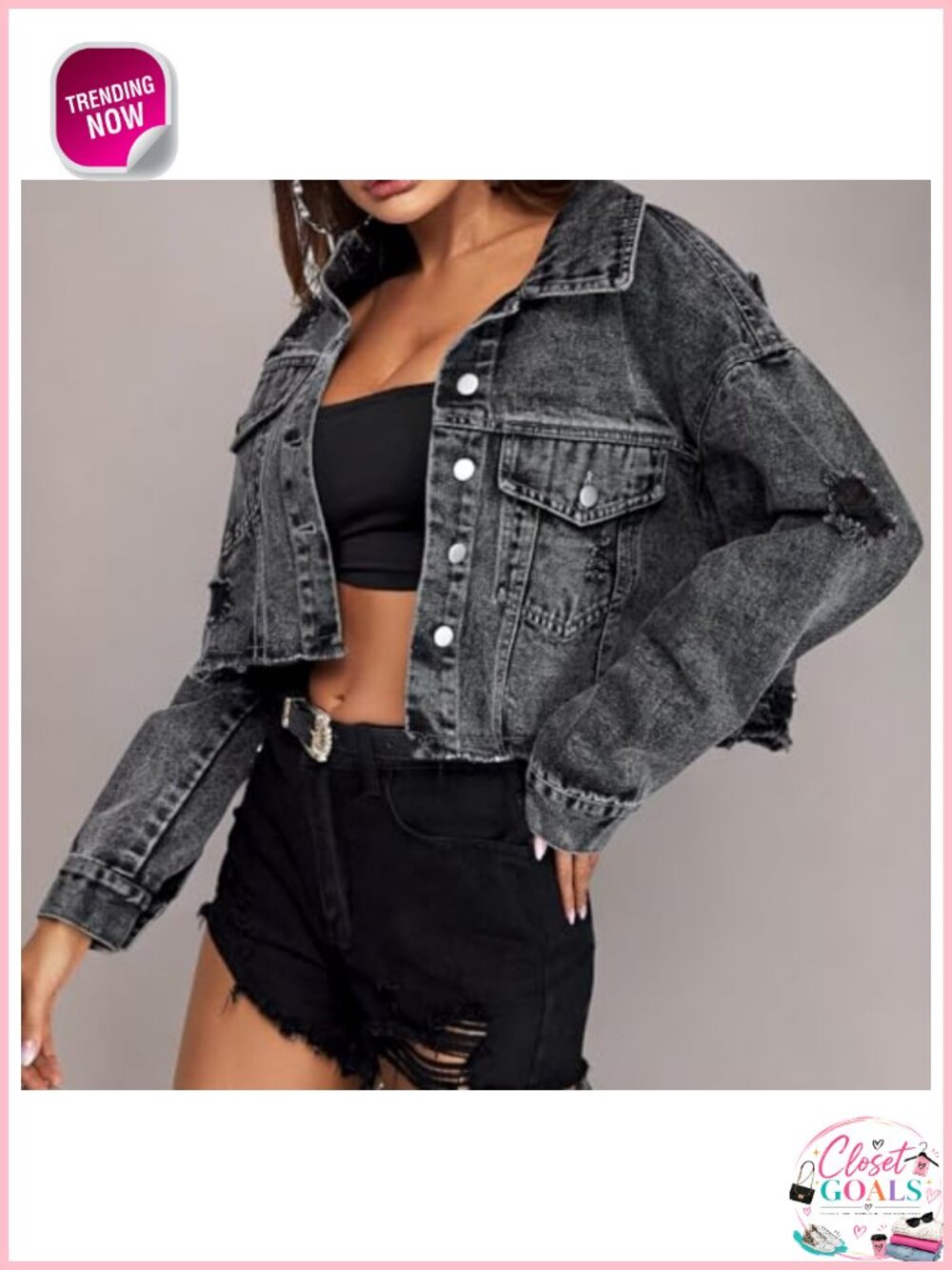 Cropped Distressed Denim Jacket Button-Down Ripped Frayed - Picture 5 of 6